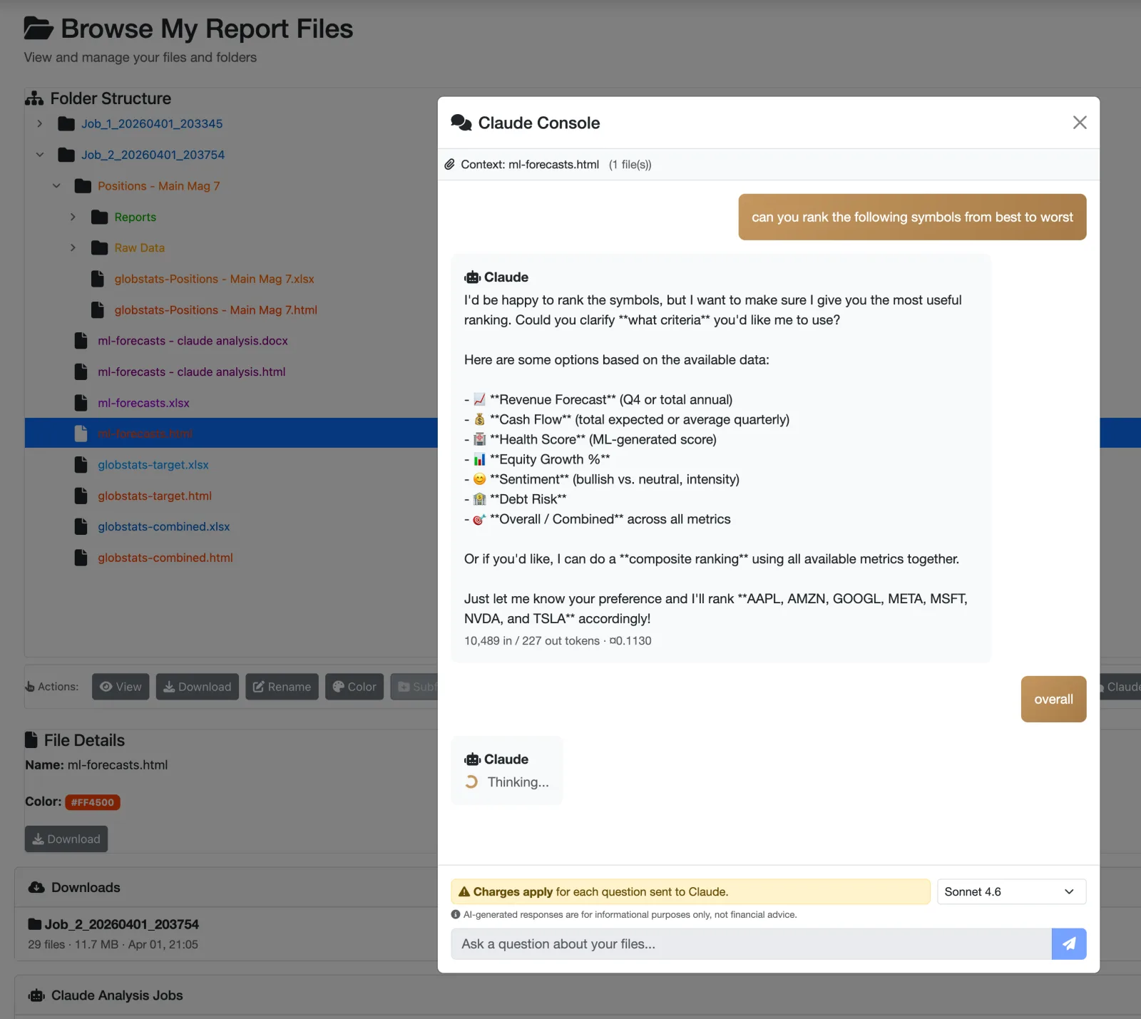 Claude Console — interactive AI chat with your financial reports