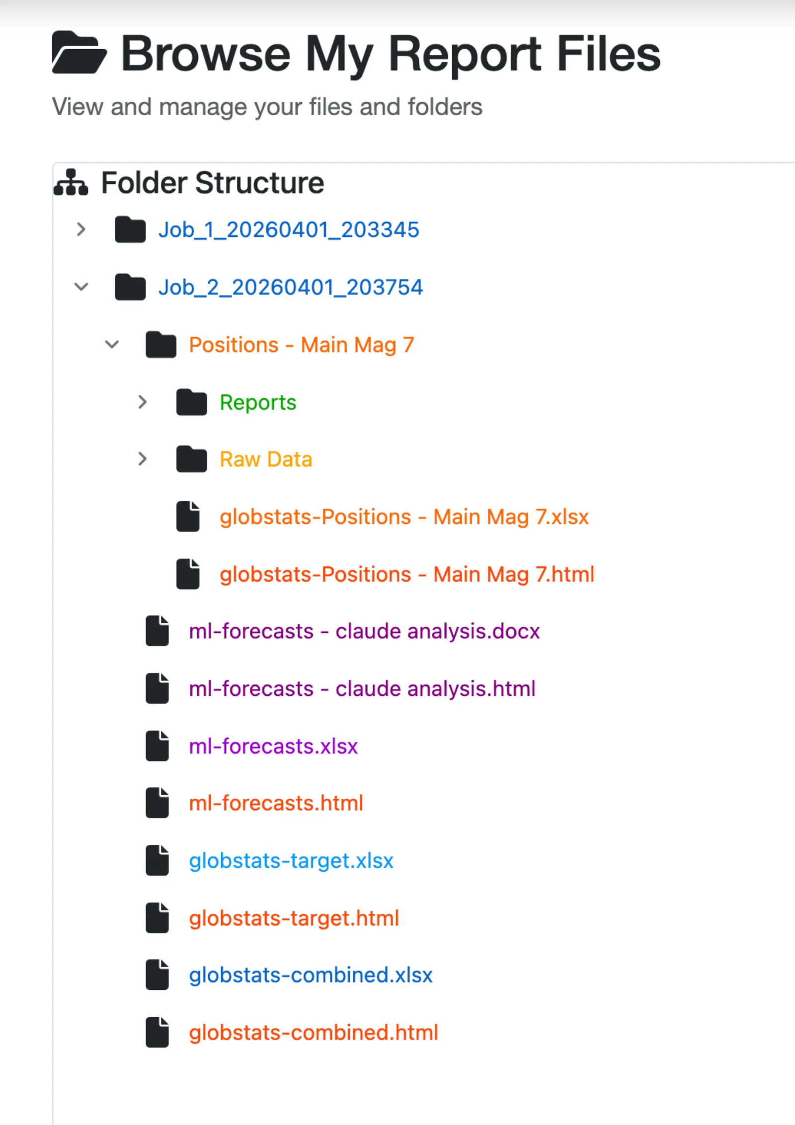 Report output organized in the GMI file manager