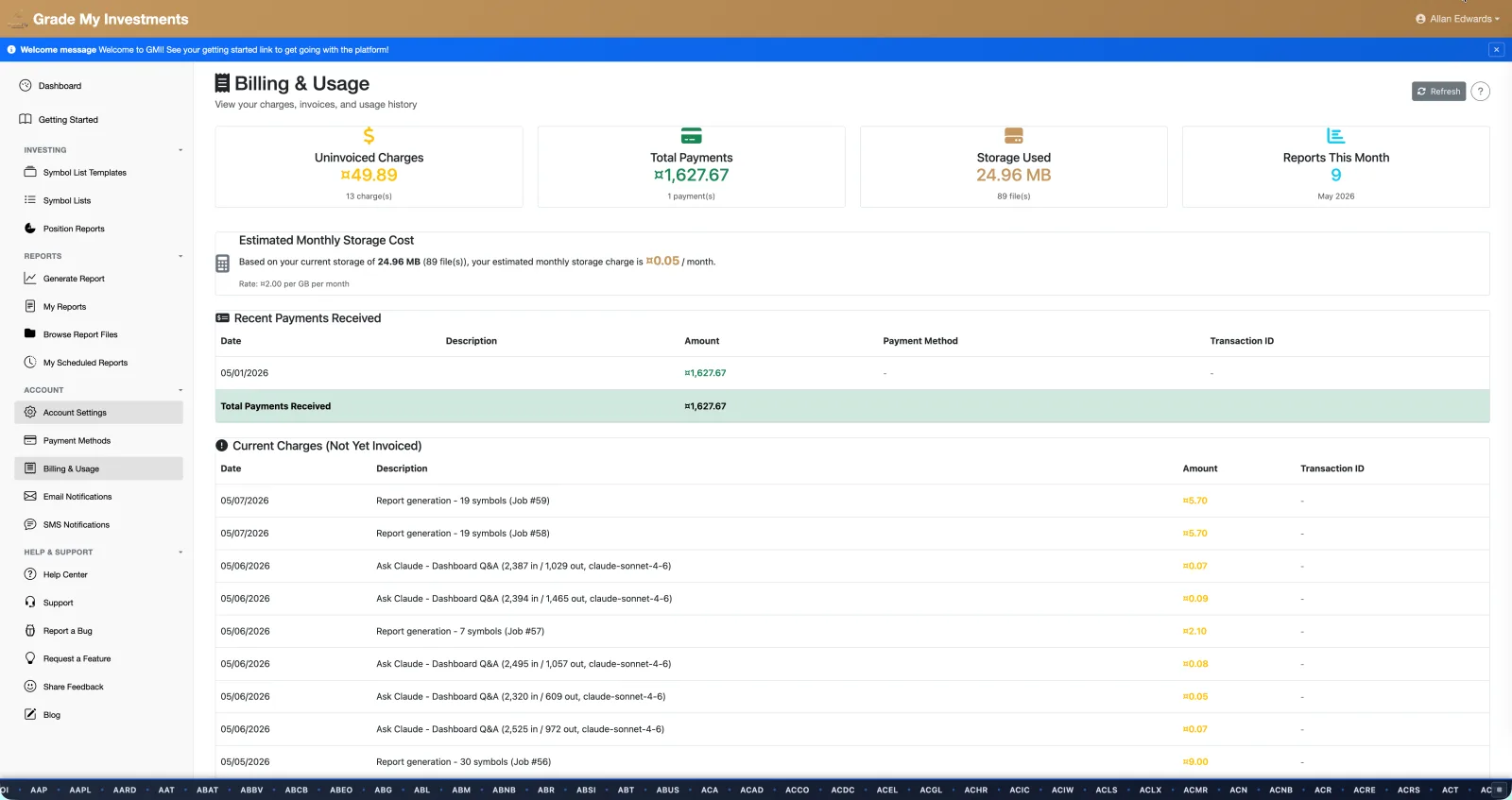 GMI Billing & Usage dashboard — uninvoiced charges, total payments, storage used, reports this month, plus itemized running charges for the current cycle